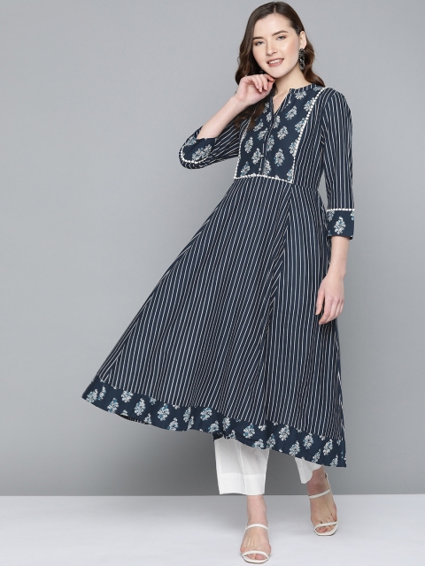 

HERE&NOW Women Navy Blue & White Striped Anarkali Kurta