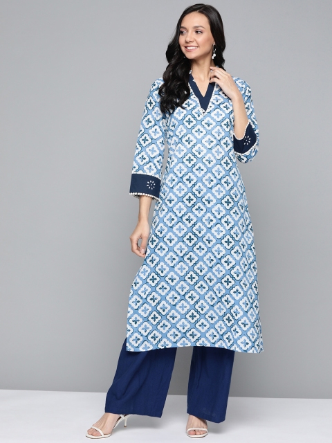 

HERE&NOW Women Blue & White Printed Straight Kurta