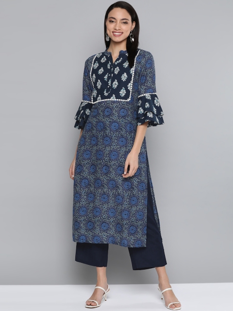 

HERE&NOW Women Blue & White Printed Pure Cotton Straight Kurta