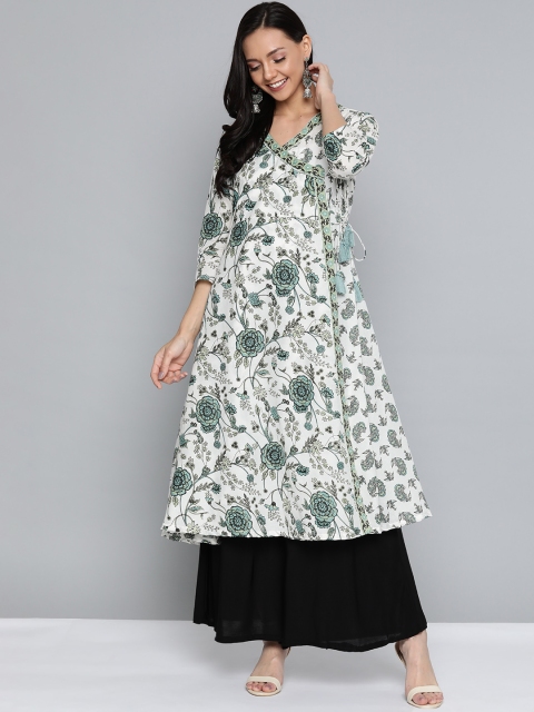

HERE&NOW Women White & Green Floral Printed A-Line Kurta