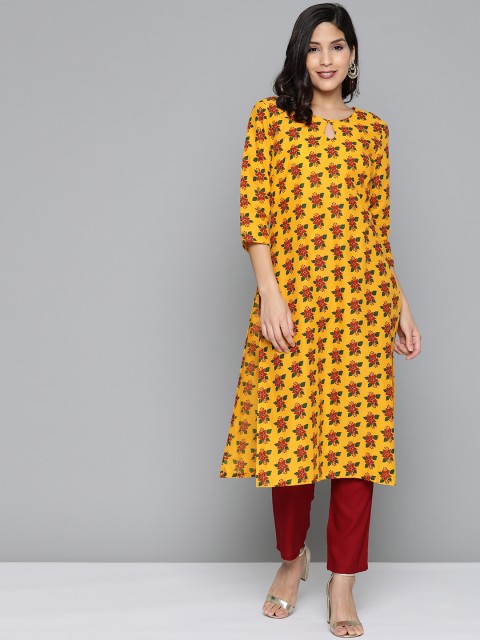 

HERE&NOW Women Mustard Yellow & Rust Red Floral Printed Straight Kurta
