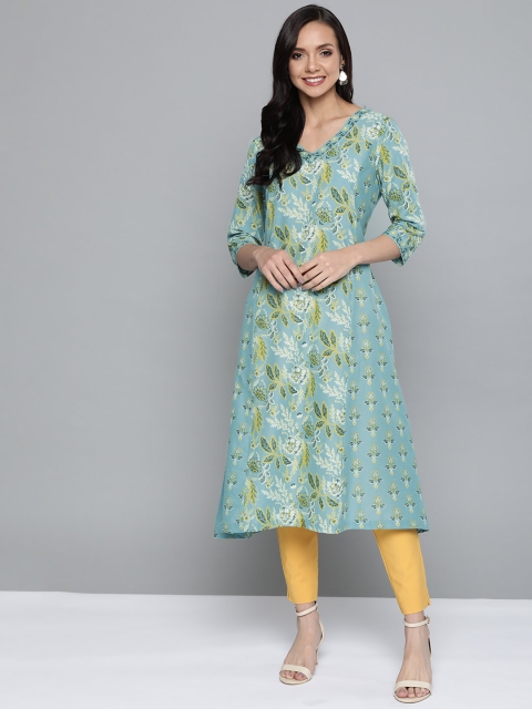 

HERE&NOW Women Blue & Mustard Yellow Pure Cotton Floral Print A-Line Kurta