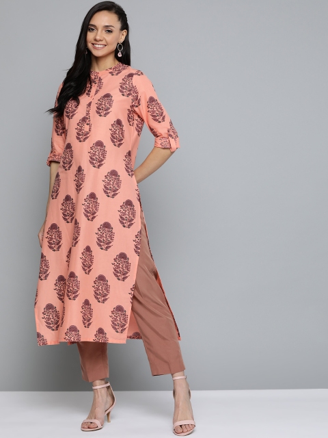 

HERE&NOW Women Peach-Coloured & Maroon Printed Straight Kurta
