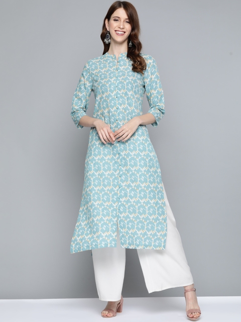 

HERE&NOW Women Turquoise Blue & Off-White Printed Straight Kurta