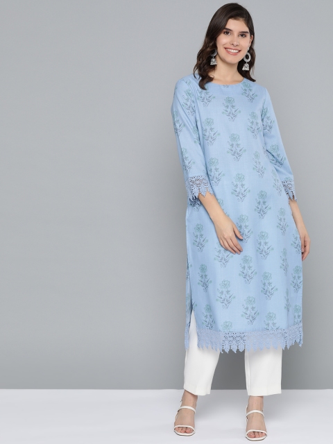 

HERE&NOW Blue & Green Floral Print Straight Kurta