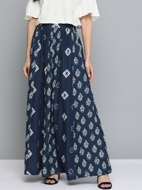 

HERE&NOW Women Navy Blue & White Pure Cotton Printed Flared Maxi Skirt