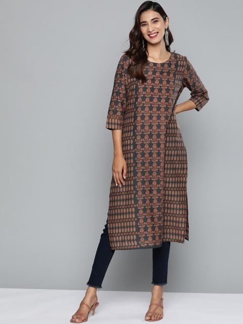 

HERE&NOW Women Blue & Brown Pure Cotton Printed Straight Kurta