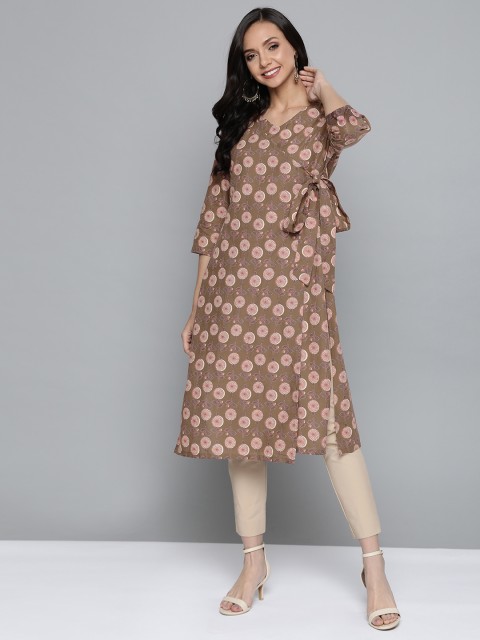 

HERE&NOW Women Brown & Beige Pure Cotton Printed Wrap Straight Kurta