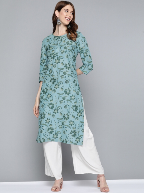 

HERE&NOW Women Blue & Green Floral Print Straight Kurta