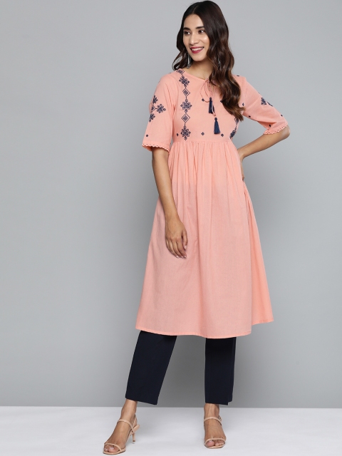 

HERE&NOW Women Pink Pure Cotton Yoke Design A-Line Kurta