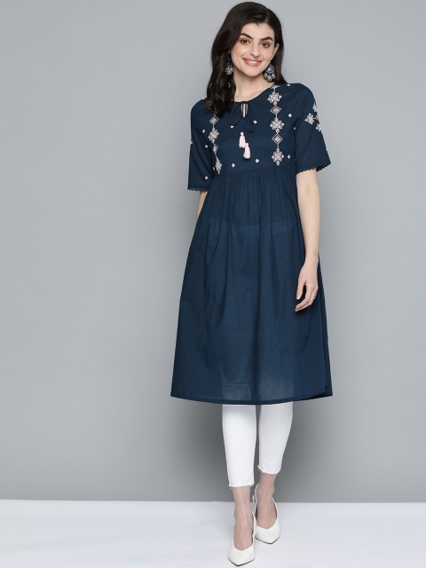 

HERE&NOW Women Navy Blue & Pink Pure Cotton Embroidered Yoke Design A-Line Kurta