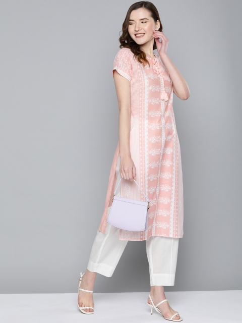 

HERE&NOW Women Pink & White Printed Straight Kurta