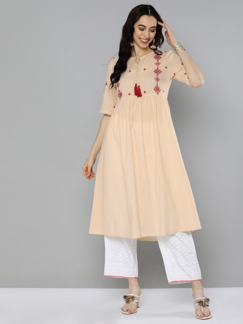 

HERE&NOW Women Peach-Coloured Ethnic Motifs Yoke Design Pure Cotton A-Line Kurta