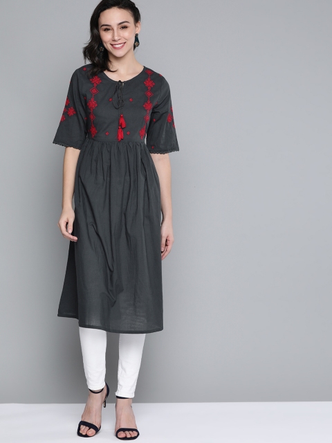 

HERE&NOW Women Charcoal Grey & Red Ethnic Motifs Yoke Design Thread Work Kurta