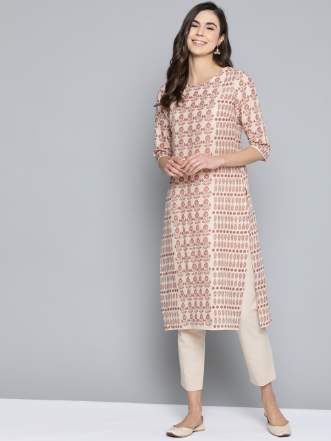 

HERE&NOW Women Beige & Brown Pure Cotton Printed Straight Kurta