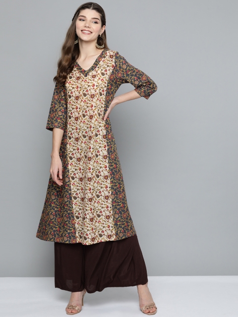 

HERE&NOW Women Beige & Charcoal Grey Pure Cotton Printed A-Line Kurta