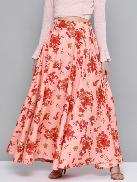 

HERE&NOW Women Peach-Coloured & Red Floral Printed Maxi Flared Skirt