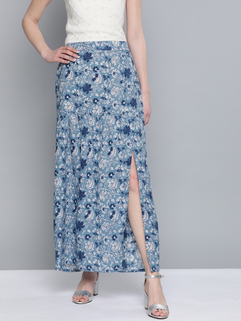 

HERE&NOW Women Blue & White Floral Print Straight Maxi Skirt