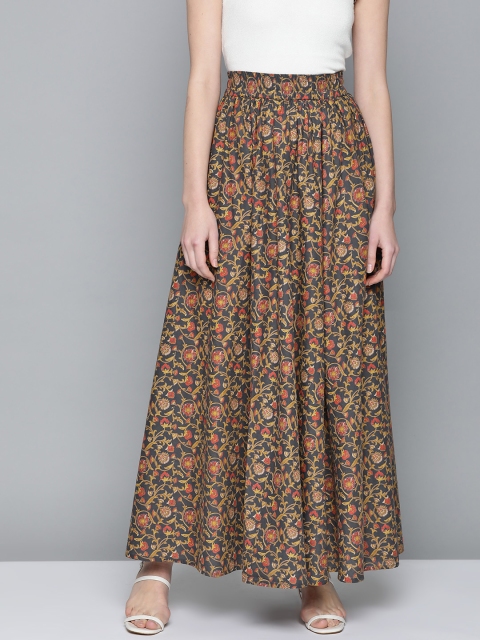 

HERE&NOW Women Charcoal Grey & Mustard Yellow Printed Maxi Flared Pure Cotton Skirt