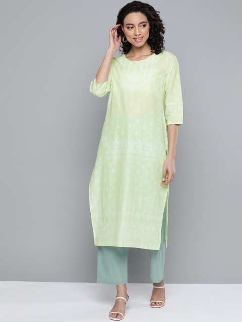 

HERE&NOW Women Green & White Ethnic Motifs Printed Pure Cotton Kurta