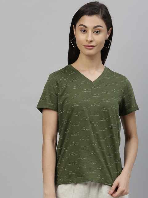 

Allen Solly Woman Women Olive Green Printed V-Neck Pure Cotton T-shirt