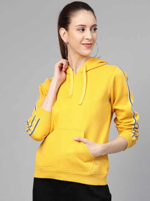 

Allen Solly Woman Yellow Solid Hooded Sweatshirt with Side Stripe Detail