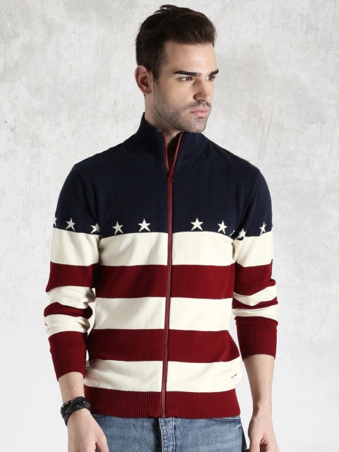 

Roadster Cream-Coloured & Maroon Striped Sweater