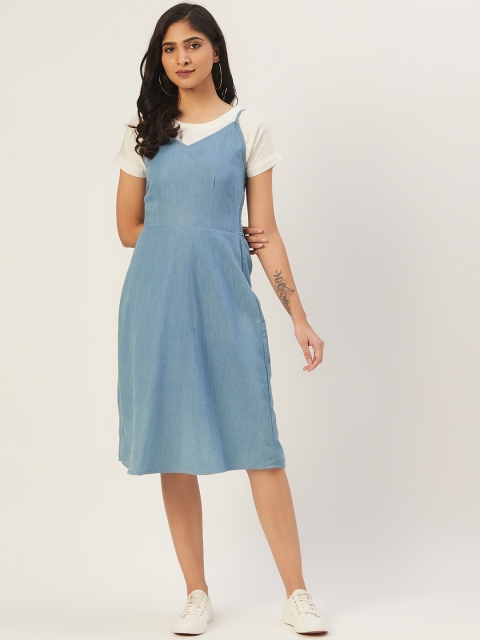 

DODO & MOA Women Blue Solid A-Line Denim Dress with T-shirt