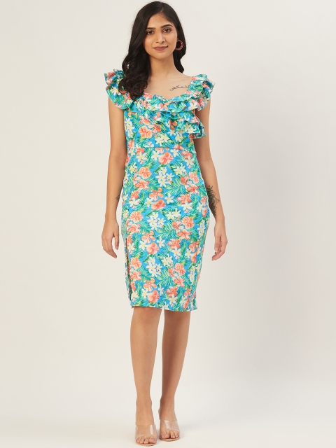 

DODO & MOA Women Blue & Peach-Coloured Tropical Print Sheath Dress