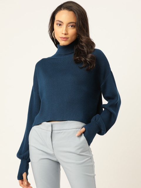 

20Dresses Women Teal Blue Ribbed Boxy Pullover Sweater