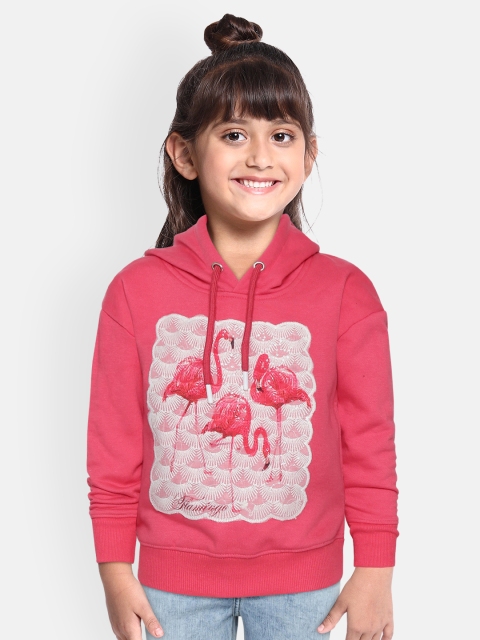 

White Snow Girls Coral Pink Flamingo Print Hooded Sweatshirt