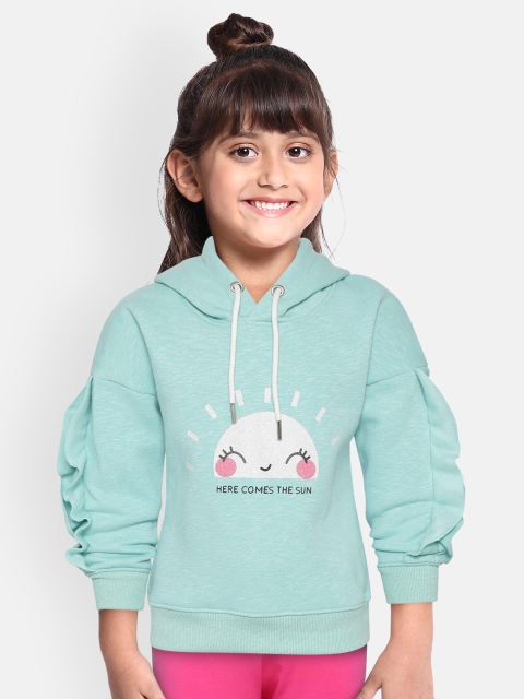 

White Snow Girls Green Printed Hooded Sweatshirt