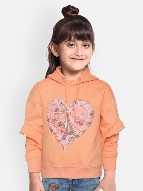 

White Snow Girls Peach-Coloured Applique Hooded Sweatshirt
