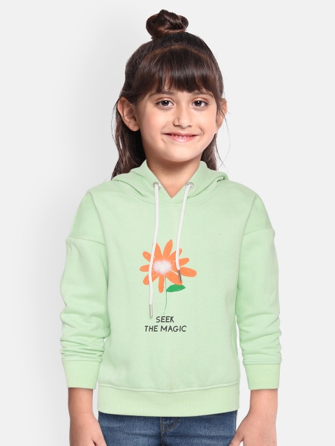 

White Snow Girls Green & Orange Printed Hooded Sweatshirt