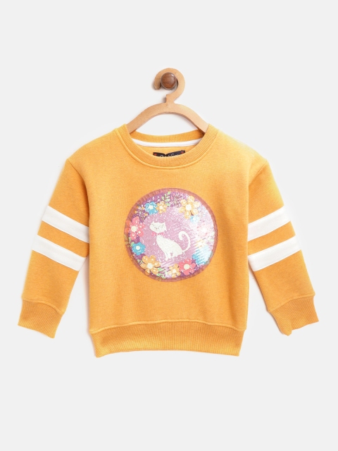 

White Snow Girls Mustard Orange Flip Sequinned Self Design Sweatshirt