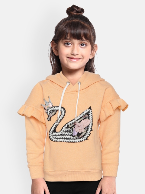 

White Snow Girls Peach-Coloured Self-Design Hooded Sweatshirt