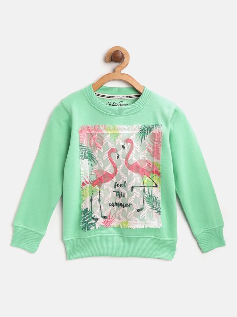 

White Snow Girls Green Flamingo Print Sweatshirt