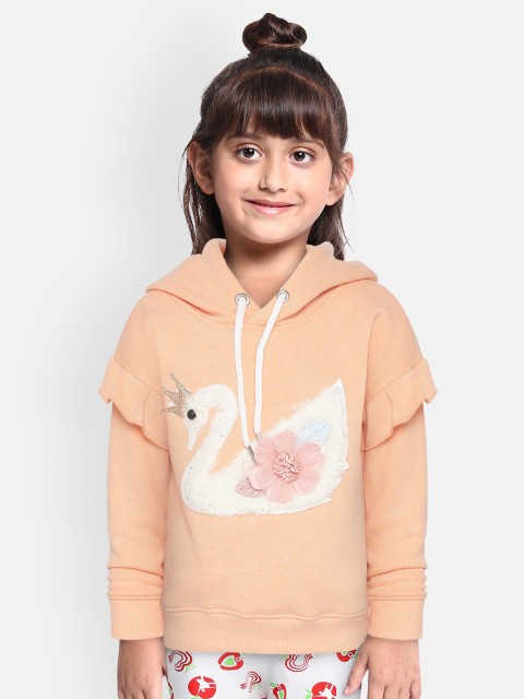 

White Snow Girls Peach-Coloured Applique Detail Hooded Sweatshirt with Faux Fur Detail
