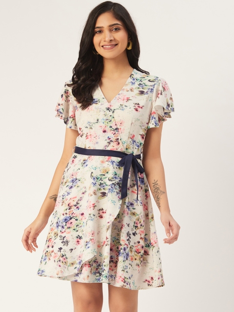 

DODO & MOA Women Off-White & Blue Floral Print Wrap Dress with a Belt