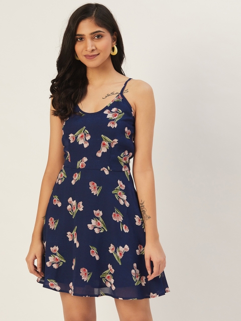 

DODO & MOA Women Navy Blue & Pink Floral Print Mini Fit & Flare Dress