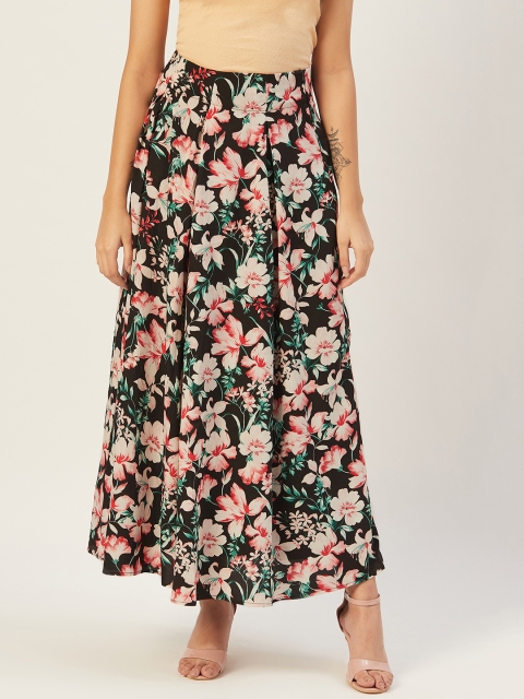 

DODO & MOA Women Black & Pink Floral Print Pleated Maxi Flared Skirt