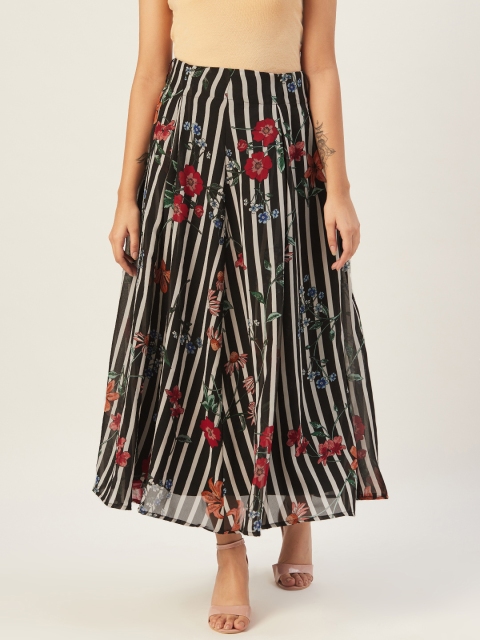 

DODO & MOA Women Black & White Striped Pleated Maxi Flared Skirt