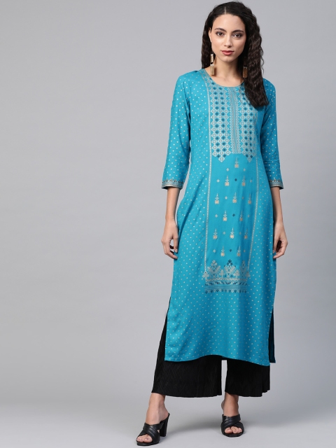 

See Designs Women Blue & Golden Ethnic Motif Print Straight Kurta
