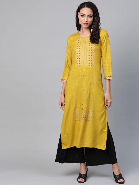 

See Designs Women Mustard Yellow & Golden Ethnic Motif Print Straight Kurta