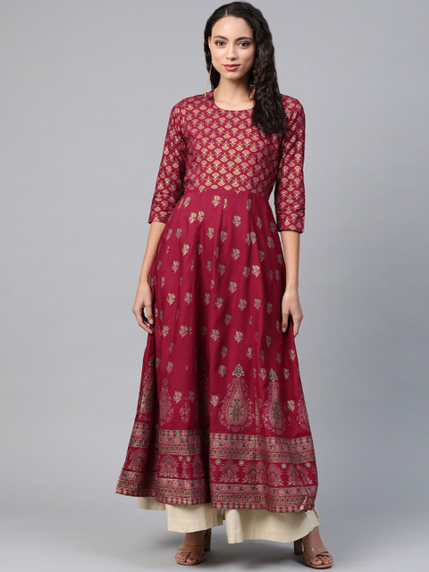 

See Designs Women Maroon & Golden Ethnic Motif Print Anarkali Kurta