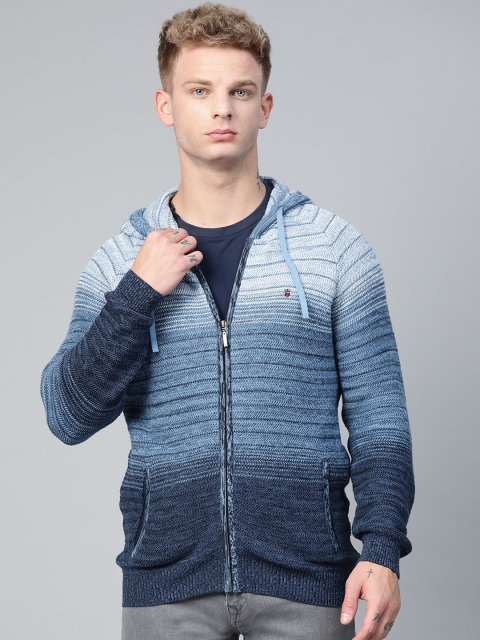 

Louis Philippe Jeans Men Blue Self Striped Hooded Cardigan With Ombre Effect