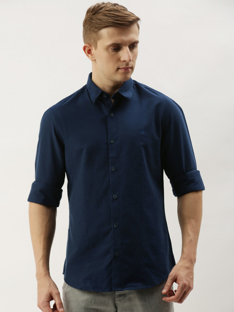 

PETER ENGLAND UNIVERSITY Men Navy Blue Solid Super Slim Fit Casual Shirt