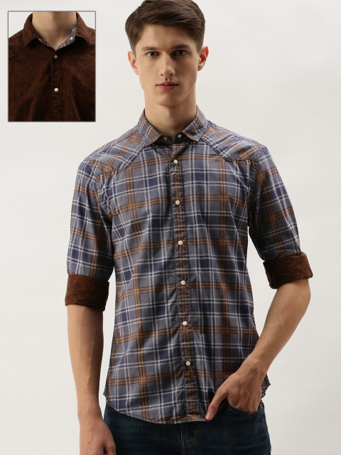 

PETER ENGLAND UNIVERSITY Men Navy Blue & Brown Slim Fit Checked Reversible Casual Shirt