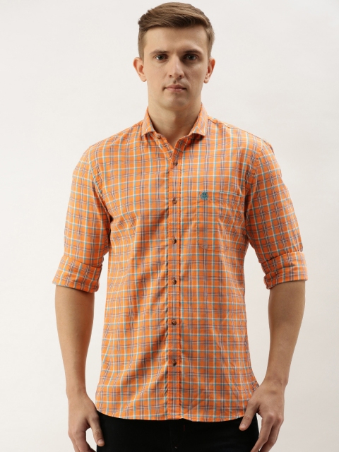 

PETER ENGLAND UNIVERSITY Men Orange & Turquoise Blue Slim Fit Checked Casual Shirt