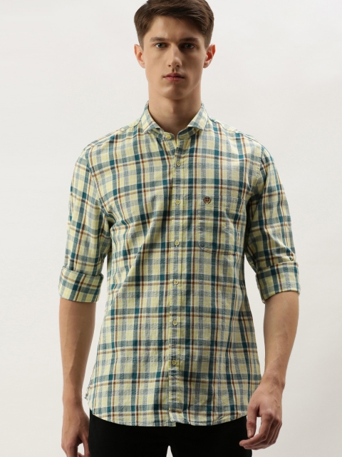 

PETER ENGLAND UNIVERSITY Men Yellow & Off-White Slim Fit Checked Casual Shirt